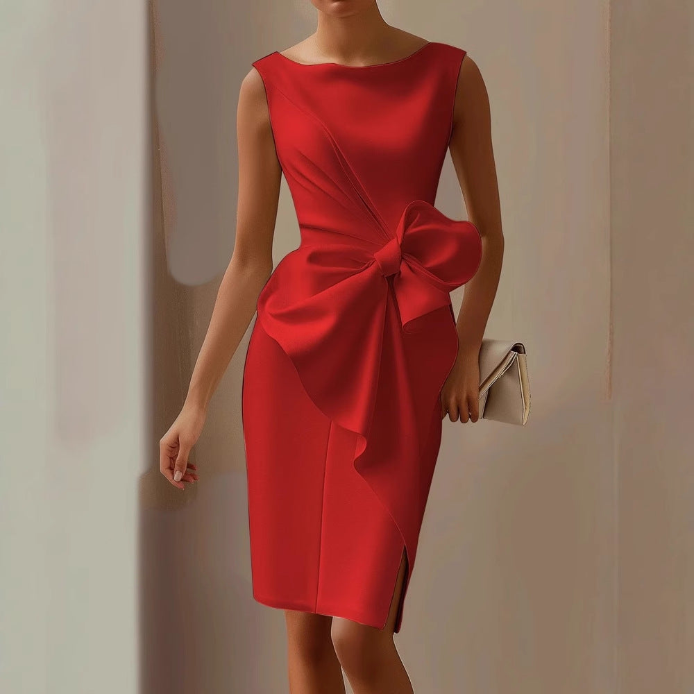 Women's Sleeveless Bow Wedding Guest Dress – Draped Formal Cocktail Dress
