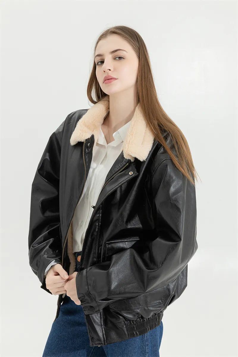 Women's Fleece Lined Faux Leather Jacket – Oversized Winter Jacket