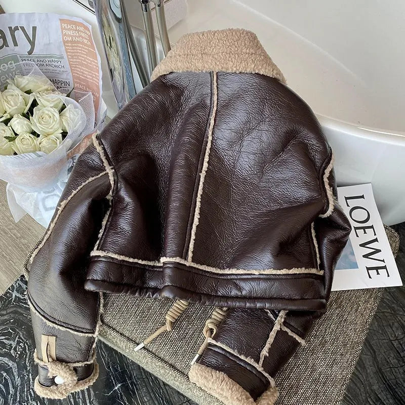 Women's Faux Leather Moto Coat – Plush Collar Winter Jacket