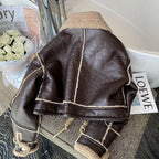 Women's Faux Leather Moto Coat – Plush Collar Winter Jacket