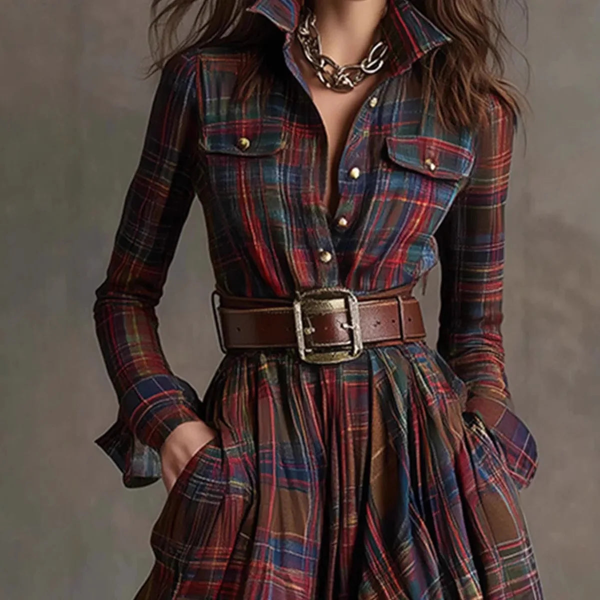 Women's Plaid Button Maxi Dress – Long Pocket Shirt Dress