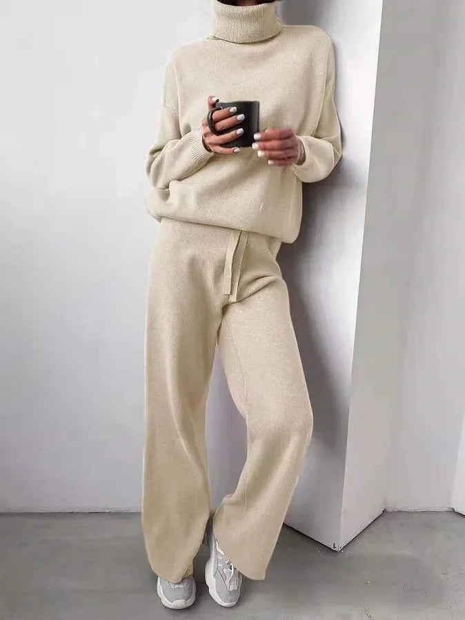 Women's Roll Neck Two-Piece Set – Long Sleeve Top & Matching Bottom