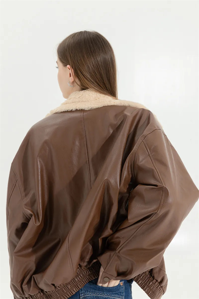 Women's Fleece Lined Faux Leather Jacket – Oversized Winter Jacket