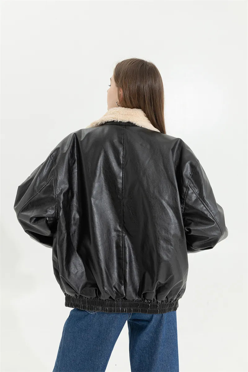 Women's Fleece Lined Faux Leather Jacket – Oversized Winter Jacket