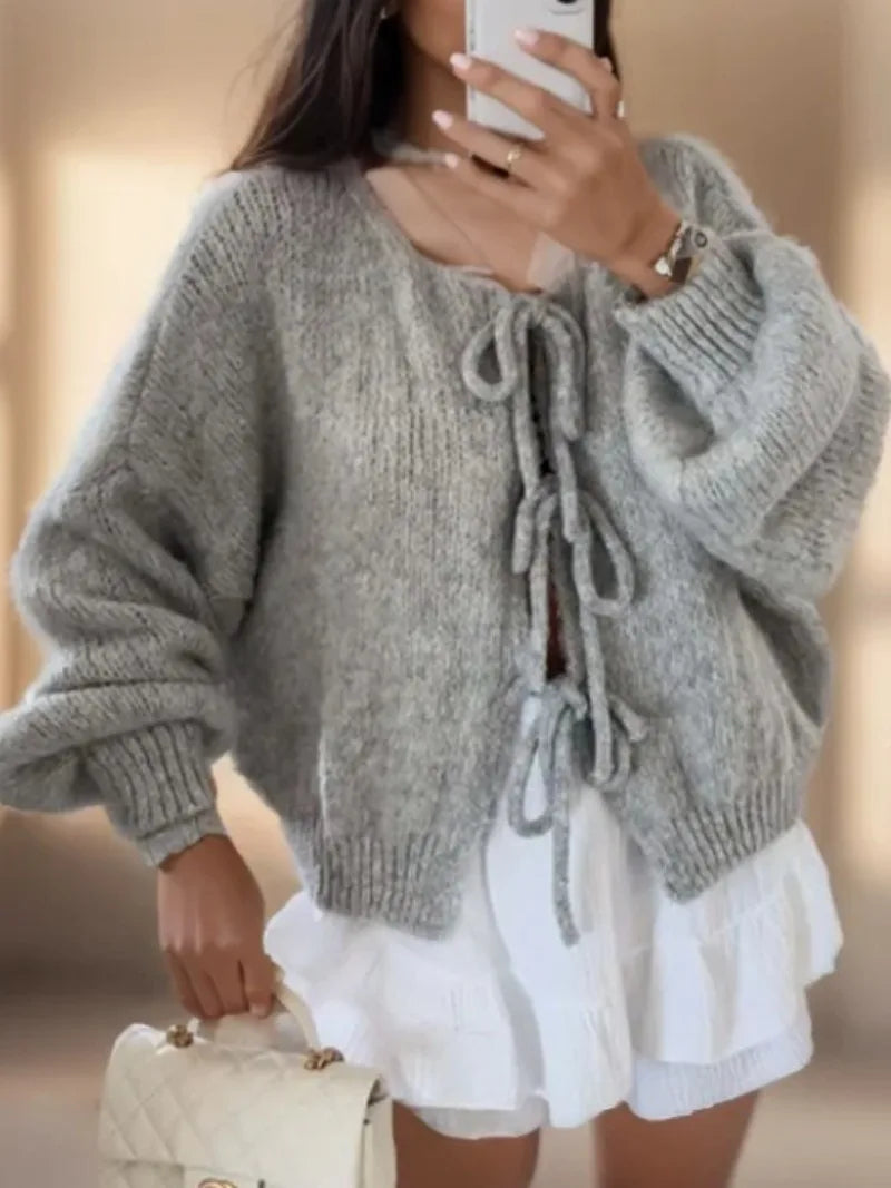 Women's Boho Bow Front Cardigan – Wide Sleeve Tie Cardigan