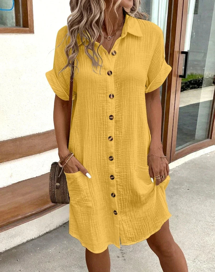 Women's Vintage V-Neck Dress – Flowy Three-Quarter Sleeve Day Dress