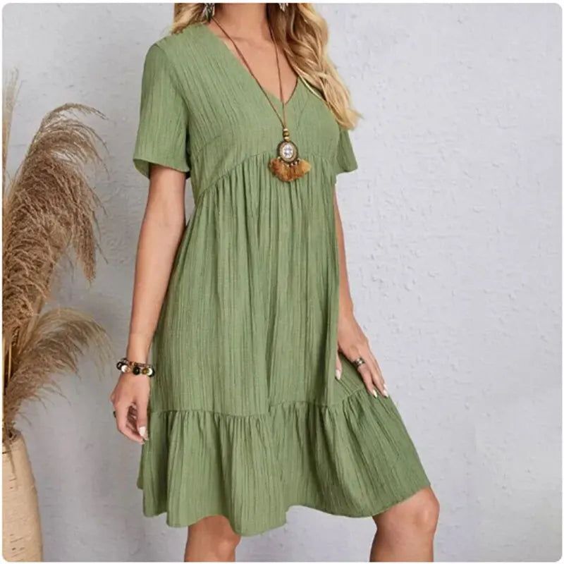Women's V-Neck Ruffle Dress – Short Sleeve Flowy Summer Dress