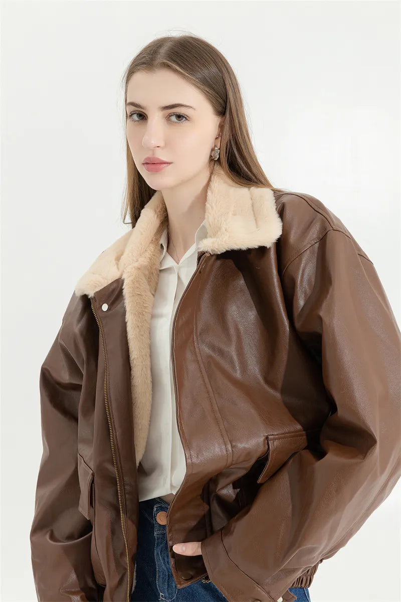 Women's Fleece Lined Faux Leather Jacket – Oversized Winter Jacket
