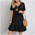 Women's V-Neck Ruffle Dress – Short Sleeve Flowy Summer Dress