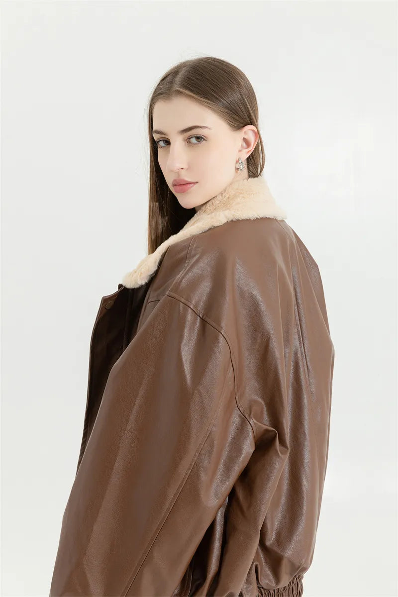 Women's Fleece Lined Faux Leather Jacket – Oversized Winter Jacket