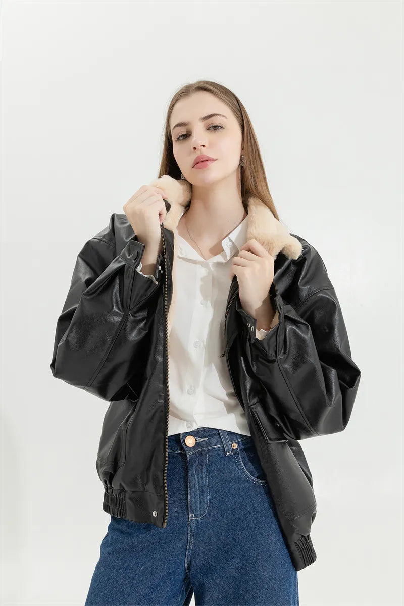 Women's Fleece Lined Faux Leather Jacket – Oversized Winter Jacket