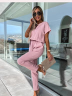 Women's Tie Waist Wide Leg Jumpsuit – Short Sleeve Round Neck Jumpsuit