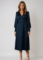 Women's V-Neck Wedding Guest Maxi Dress – Lantern Sleeve Flowy Formal Dress