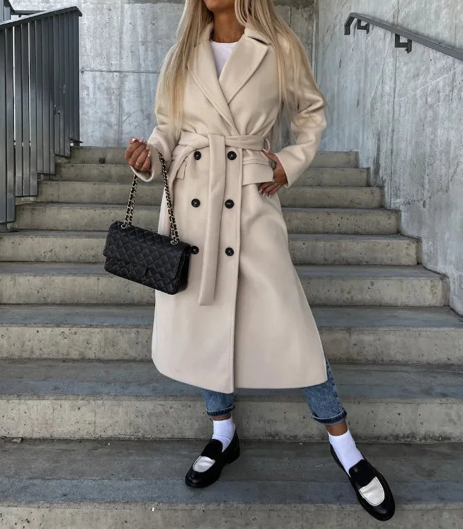 Women's Long Lapel Coat – Tailored Button Front Overcoat