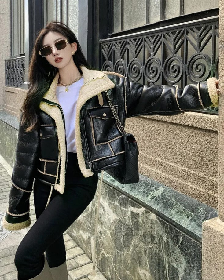 Women's Faux Leather Moto Coat – Plush Collar Winter Jacket