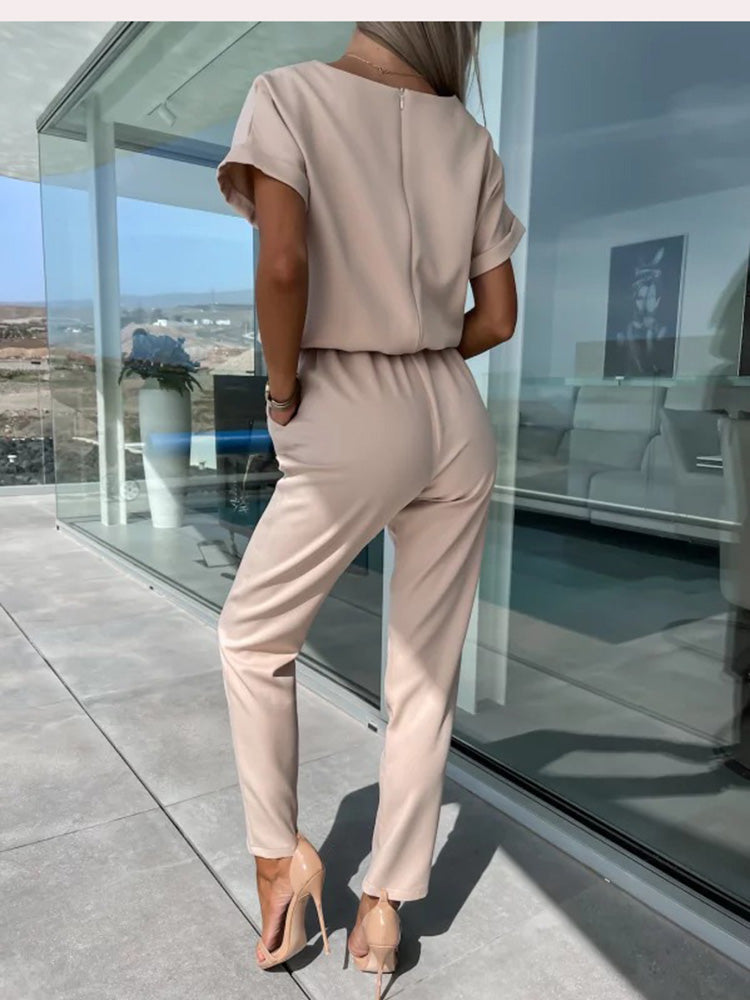 Women's Tie Waist Wide Leg Jumpsuit – Short Sleeve Round Neck Jumpsuit