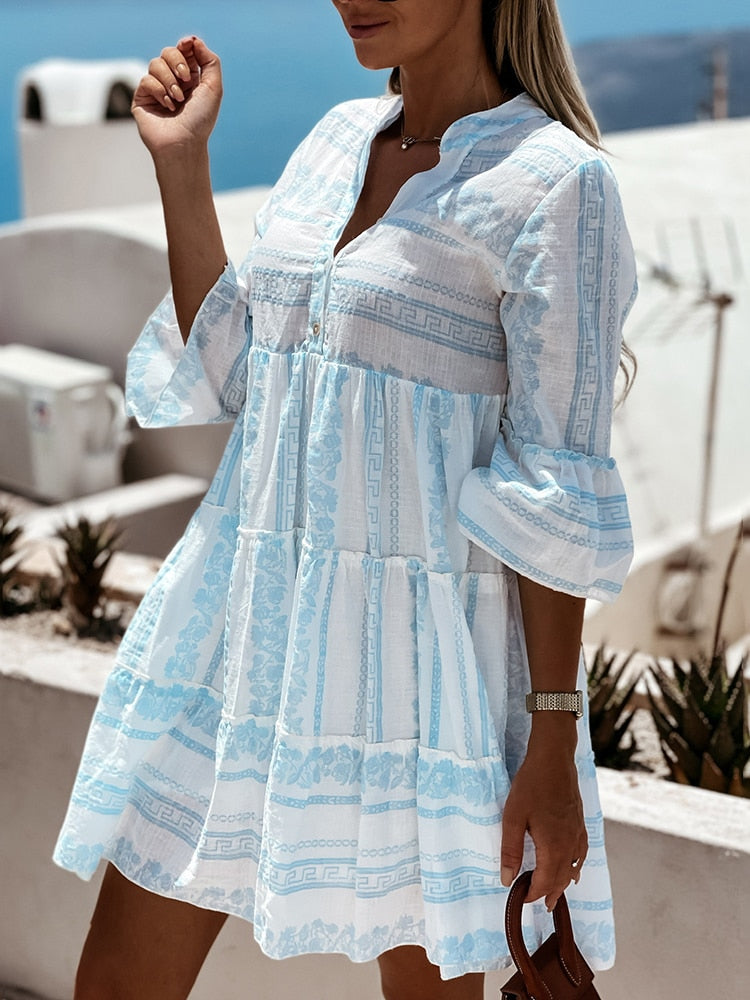 Women's Boho Printed Ruffle Dress – Colourful Flowy Summer Dress