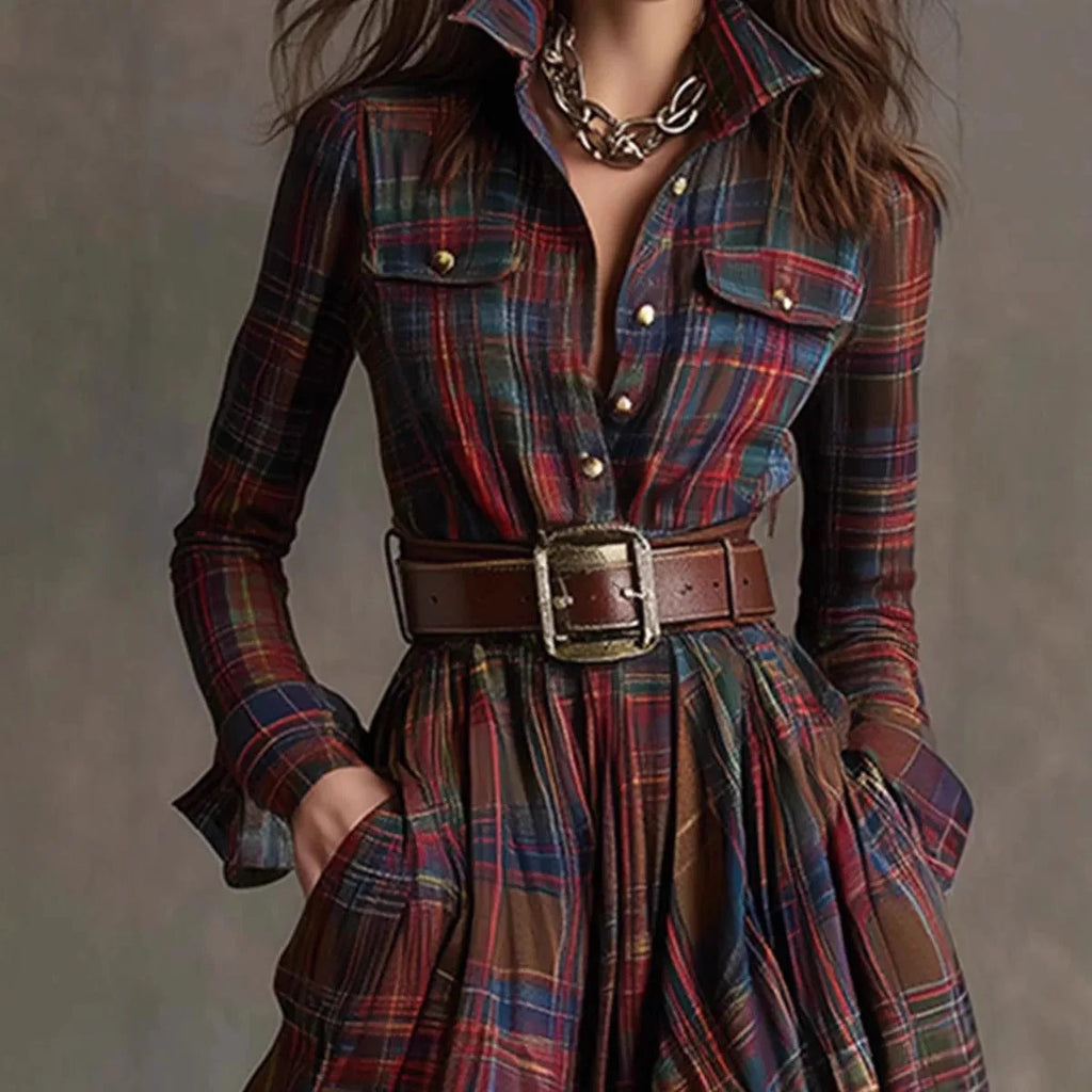 Women's Plaid Button Maxi Dress – Long Pocket Shirt Dress