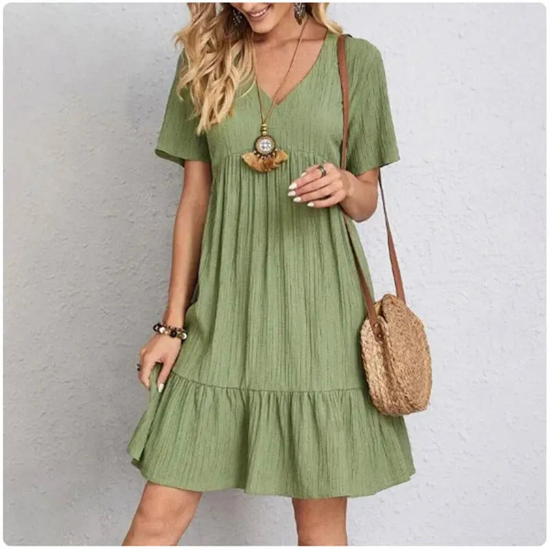 Women's V-Neck Ruffle Dress – Short Sleeve Flowy Summer Dress