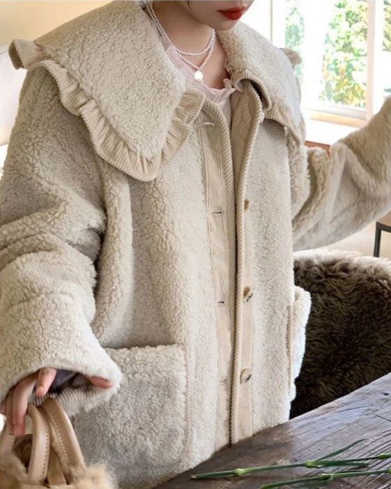Women's Ruffle Collar Winter Coat – Plush Relaxed Jacket
