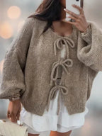Women's Boho Bow Front Cardigan – Wide Sleeve Tie Cardigan