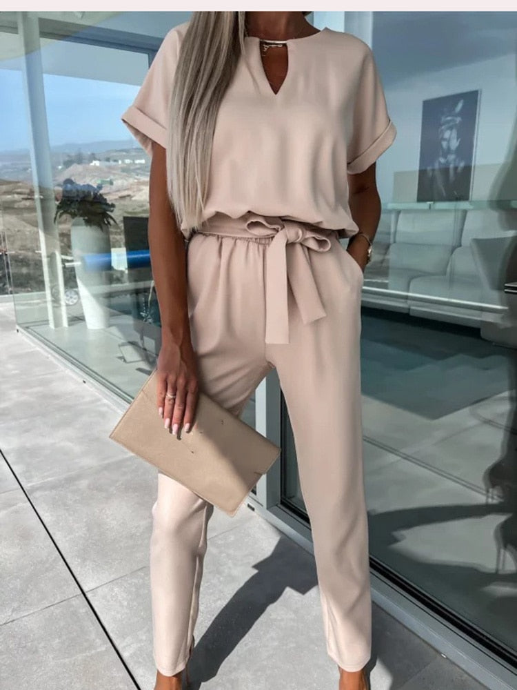 Women's Tie Waist Wide Leg Jumpsuit – Short Sleeve Round Neck Jumpsuit