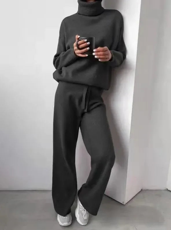 Women's Roll Neck Two-Piece Set – Long Sleeve Top & Matching Bottom
