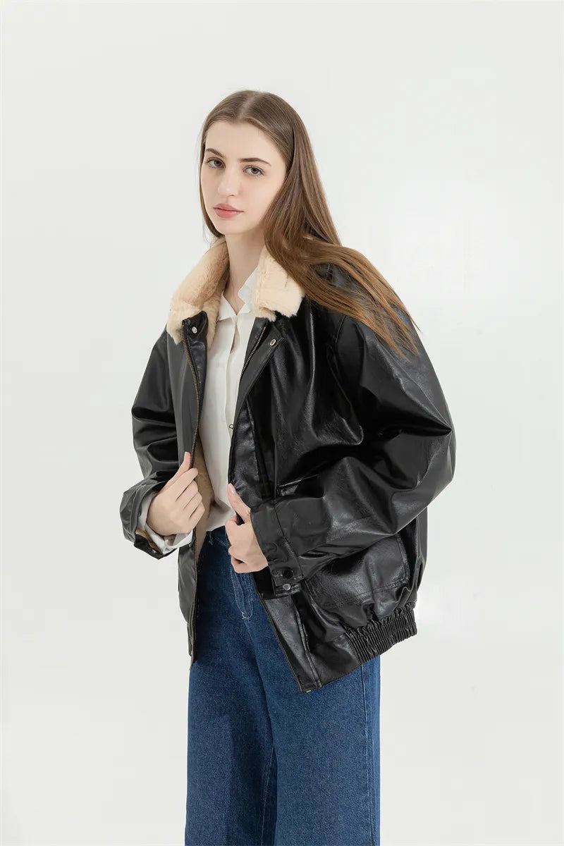 Women's Fleece Lined Faux Leather Jacket – Oversized Winter Jacket