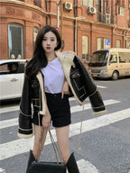 Women's Faux Leather Moto Coat – Plush Collar Winter Jacket