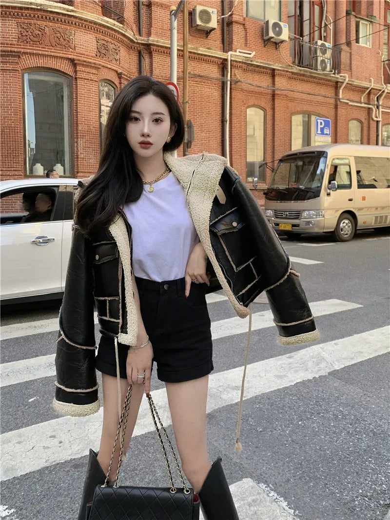 Women's Faux Leather Moto Coat – Plush Collar Winter Jacket