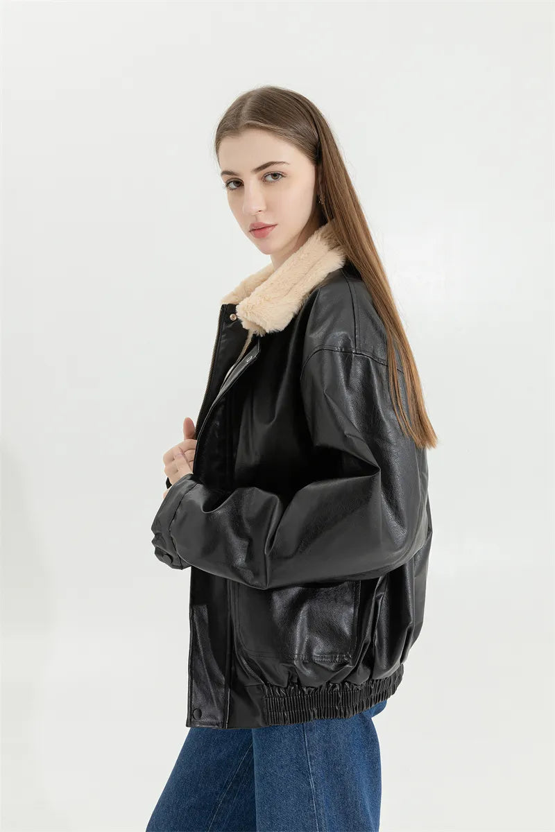 Women's Fleece Lined Faux Leather Jacket – Oversized Winter Jacket