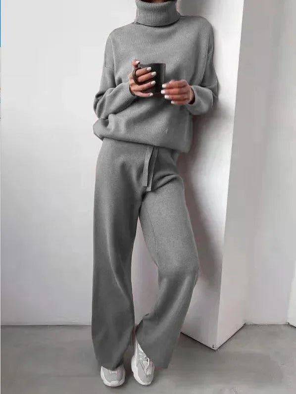 Women's Roll Neck Two-Piece Set – Long Sleeve Top & Matching Bottom
