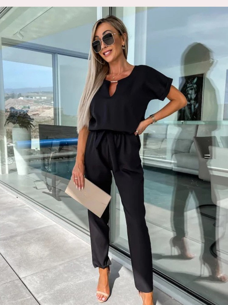 Women's Tie Waist Wide Leg Jumpsuit – Short Sleeve Round Neck Jumpsuit