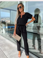 Women's Tie Waist Wide Leg Jumpsuit – Short Sleeve Round Neck Jumpsuit