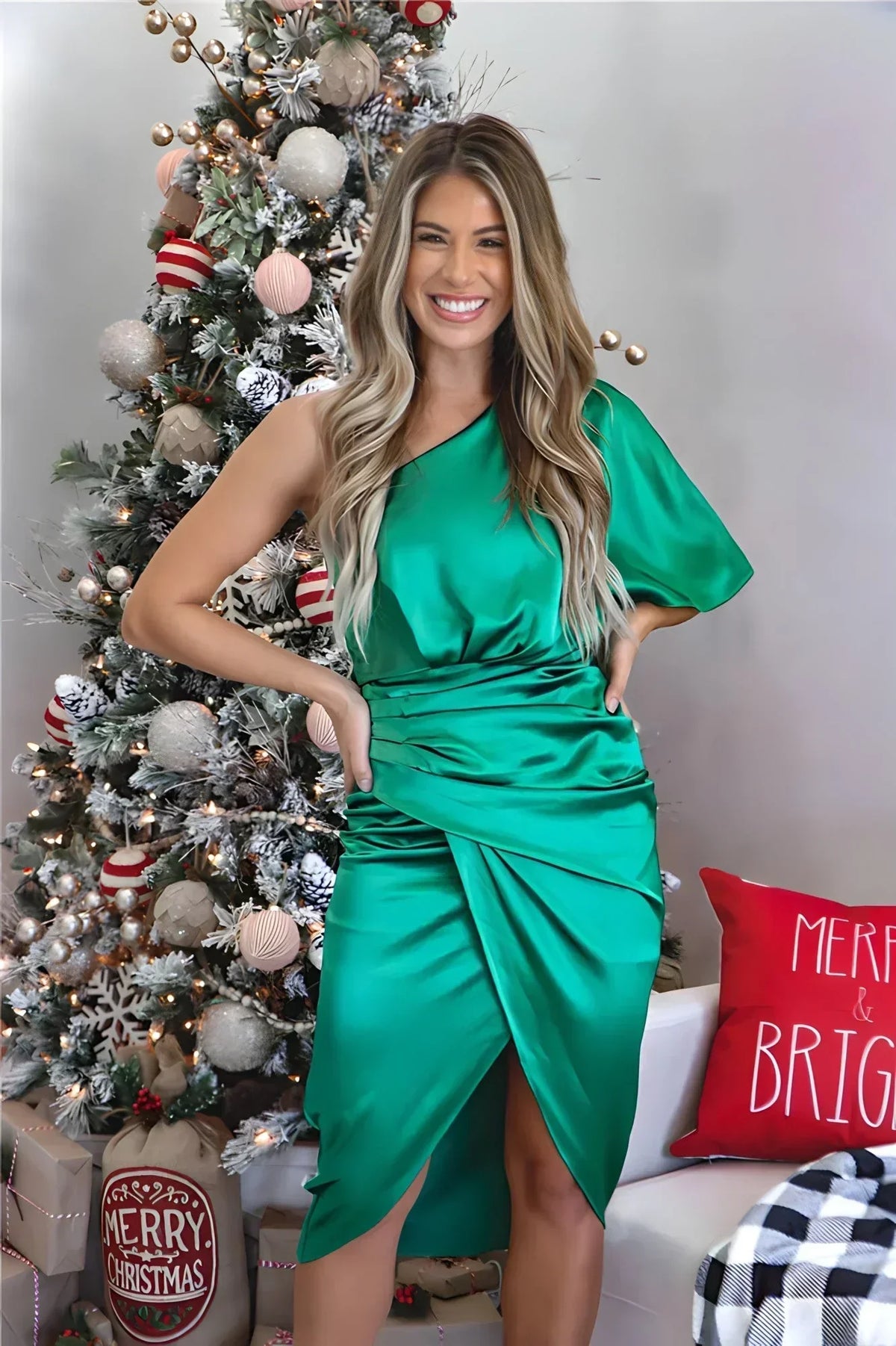 Women's One Shoulder Formal Dress – Pleated High Slit Evening Dress