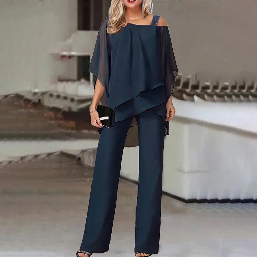 Women's Layered Wide Leg Jumpsuit – Cold Shoulder Evening Jumpsuit