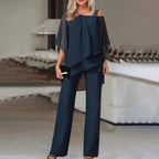 Women's Layered Wide Leg Jumpsuit – Cold Shoulder Evening Jumpsuit
