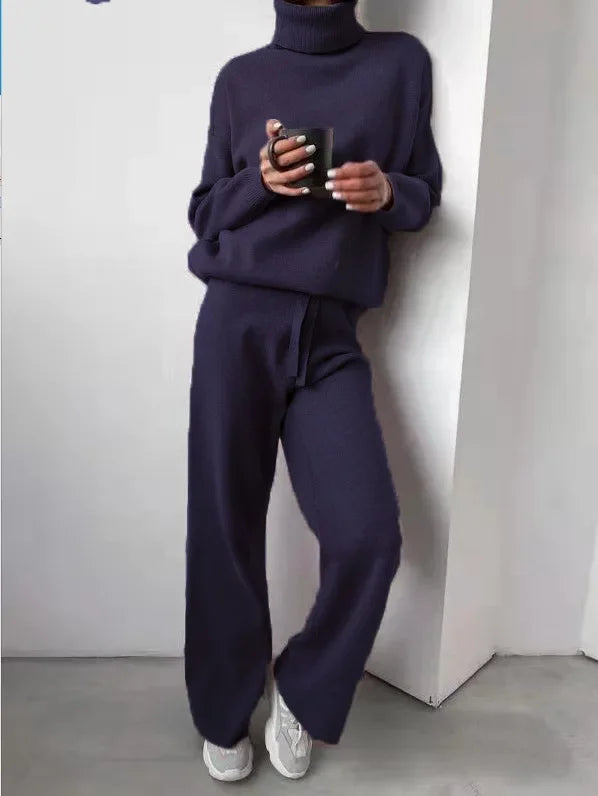 Women's Roll Neck Two-Piece Set – Long Sleeve Top & Matching Bottom