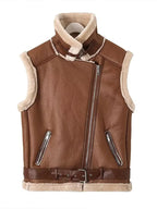 Women's Sleeveless Faux Leather Vest – Fur Lined Winter Gilet