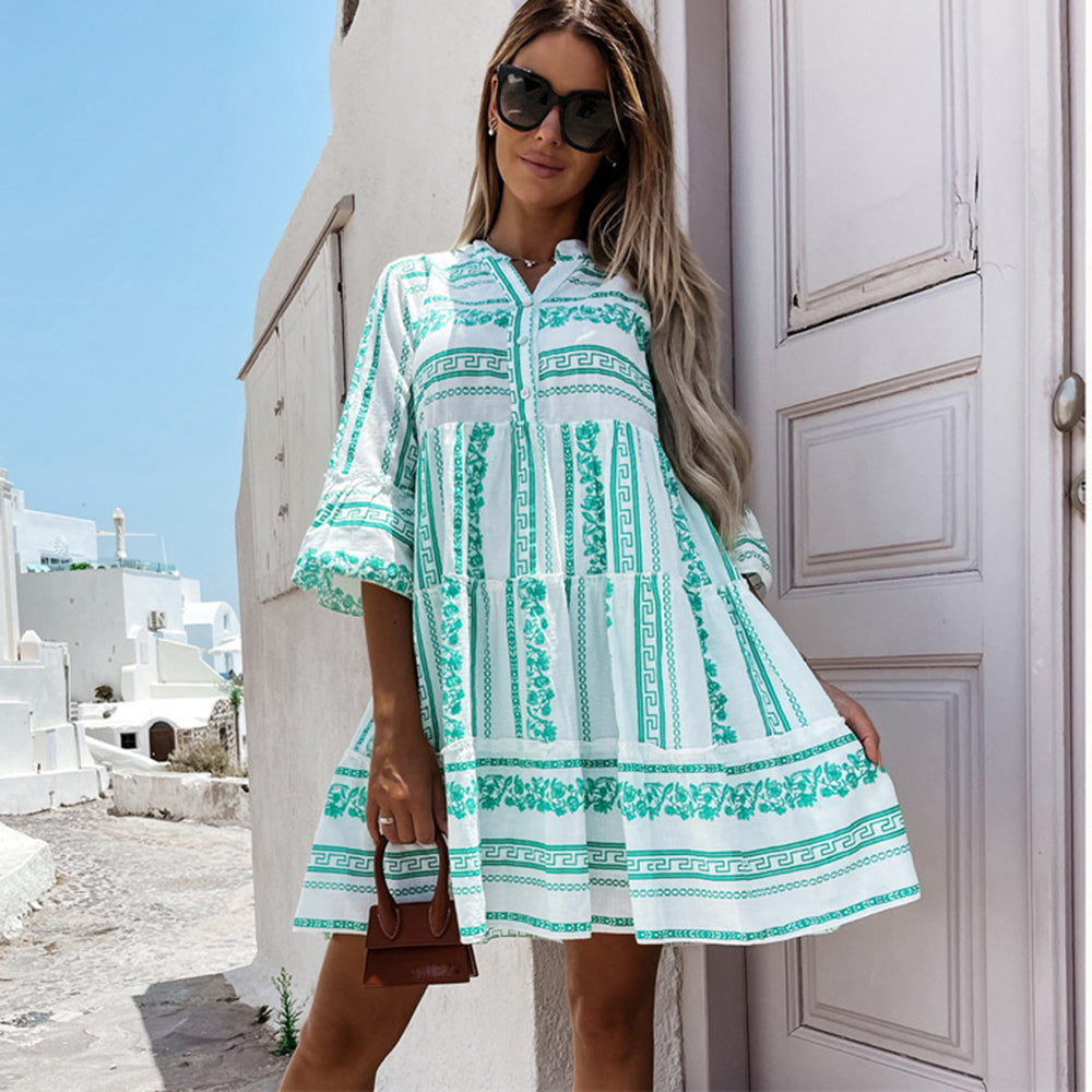 Women's Boho Printed Ruffle Dress – Colourful Flowy Summer Dress