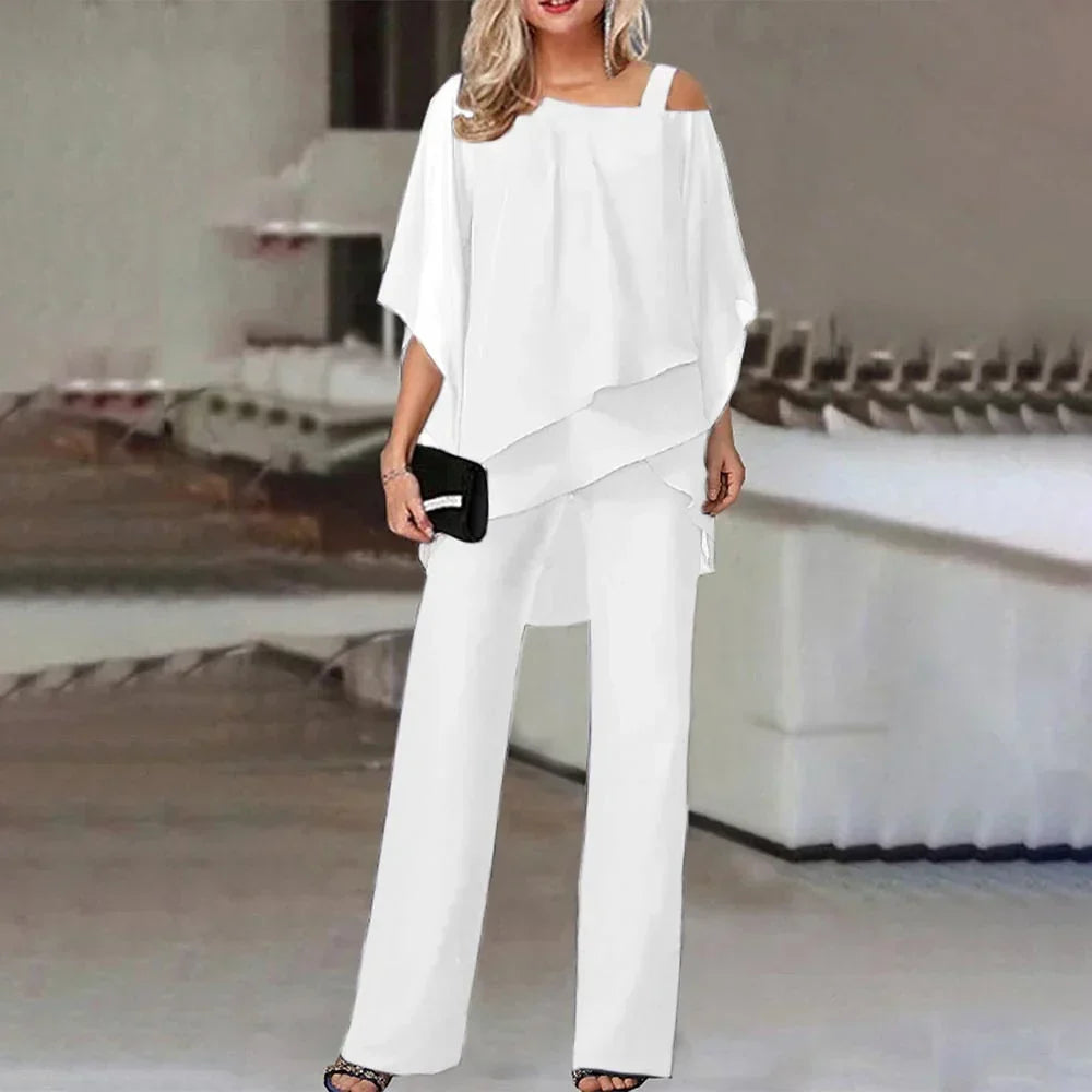 Women's Layered Wide Leg Jumpsuit – Cold Shoulder Evening Jumpsuit