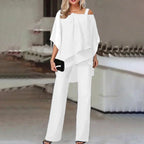 Women's Layered Wide Leg Jumpsuit – Cold Shoulder Evening Jumpsuit