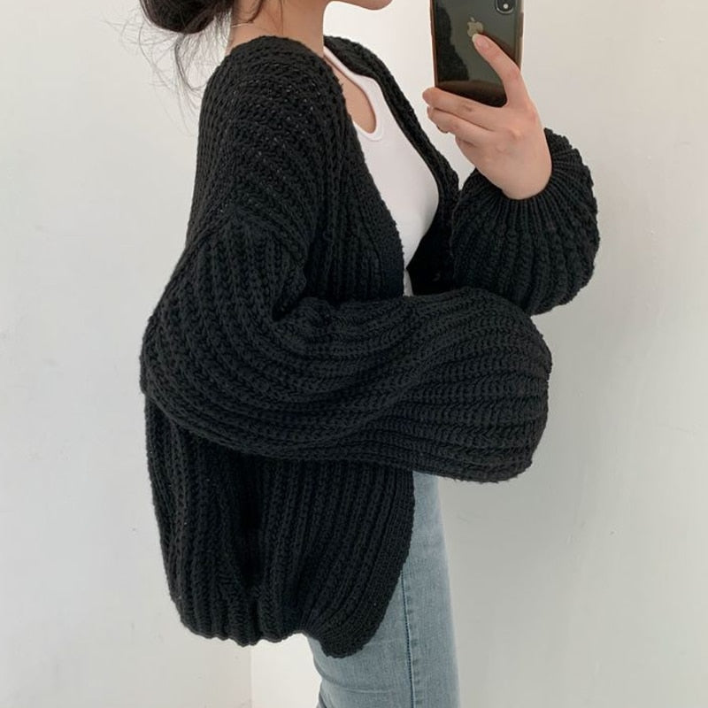 Women's Chunky Open Front Cardigan – Relaxed Long Sleeve Cardigan
