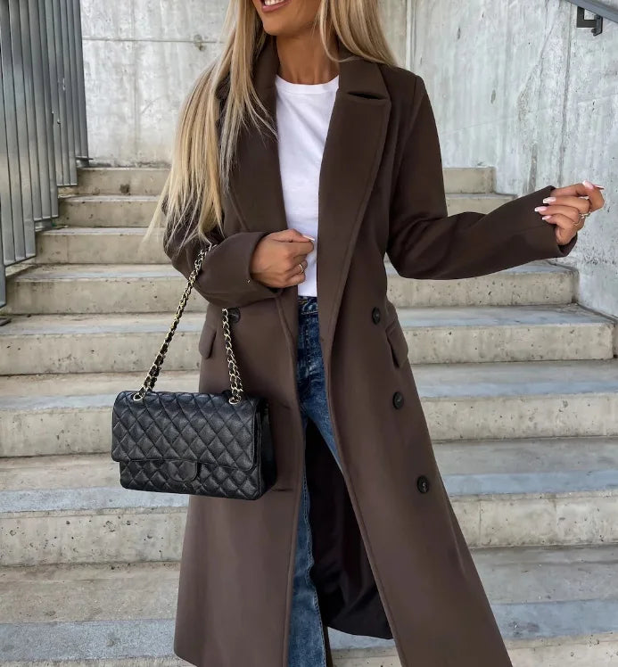 Women's Long Lapel Coat – Tailored Button Front Overcoat