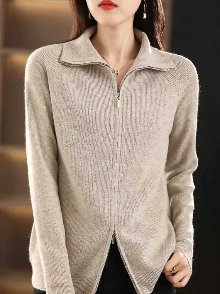Women's Zip-Up Knit Cardigan – Double Zip Long Sleeve Cardigan