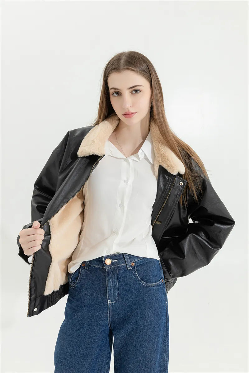 Women's Fleece Lined Faux Leather Jacket – Oversized Winter Jacket