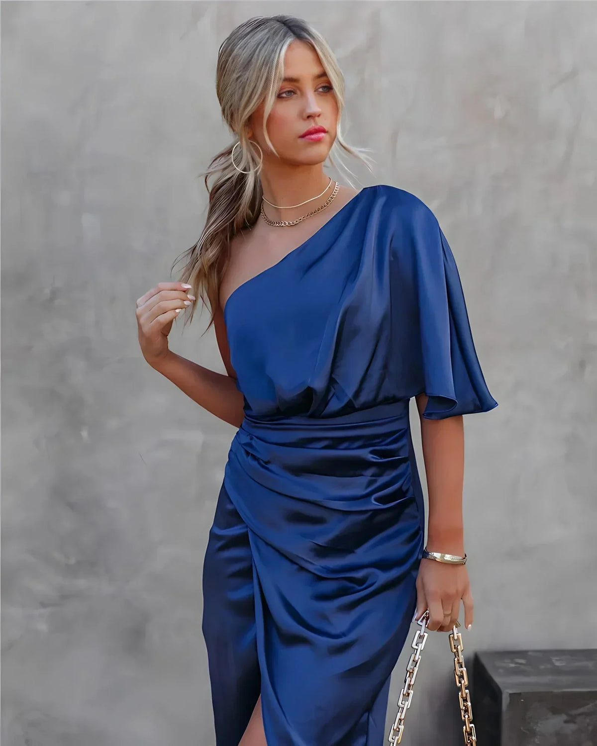 Women's One Shoulder Formal Dress – Pleated High Slit Evening Dress