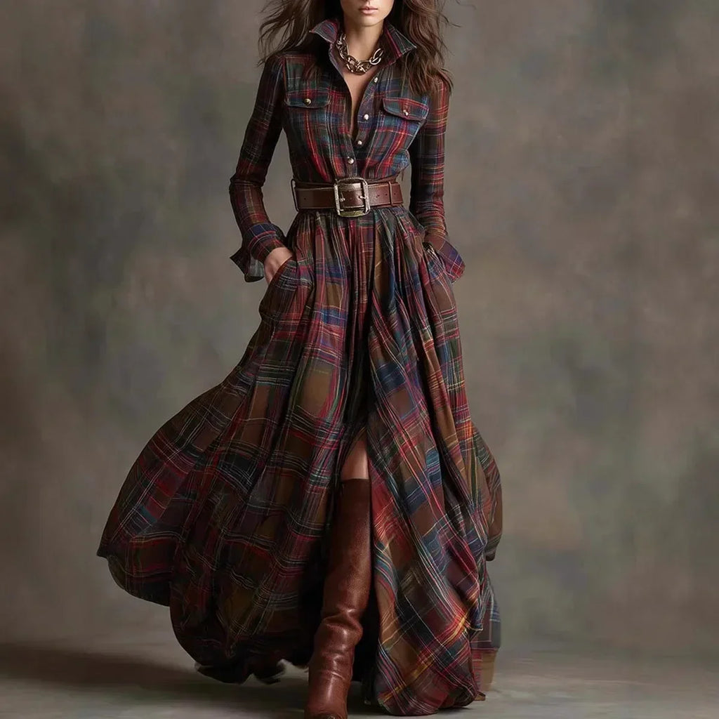 Women's Plaid Button Maxi Dress – Long Pocket Shirt Dress