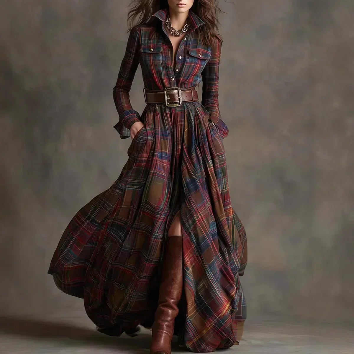 Women's Plaid Button Maxi Dress – Long Pocket Shirt Dress