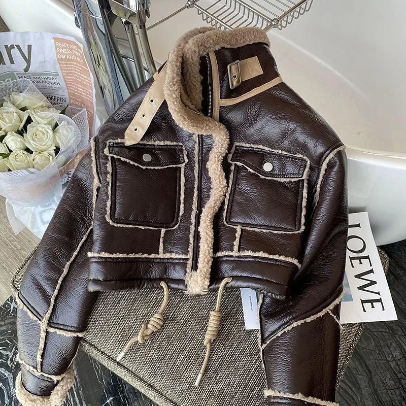 Women's Faux Leather Moto Coat – Plush Collar Winter Jacket